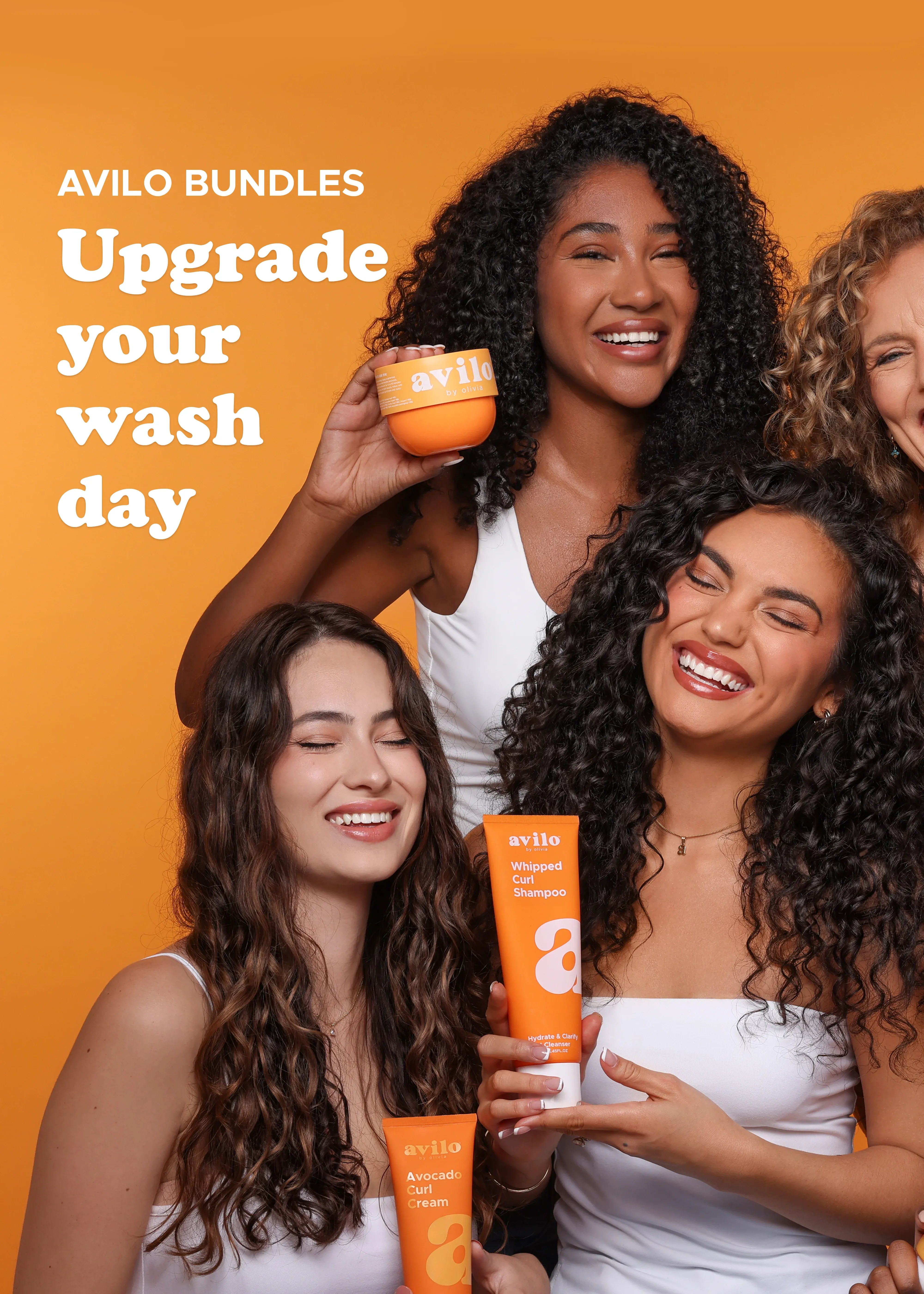 Four women holding Avilo products against an orange background with promotional text.