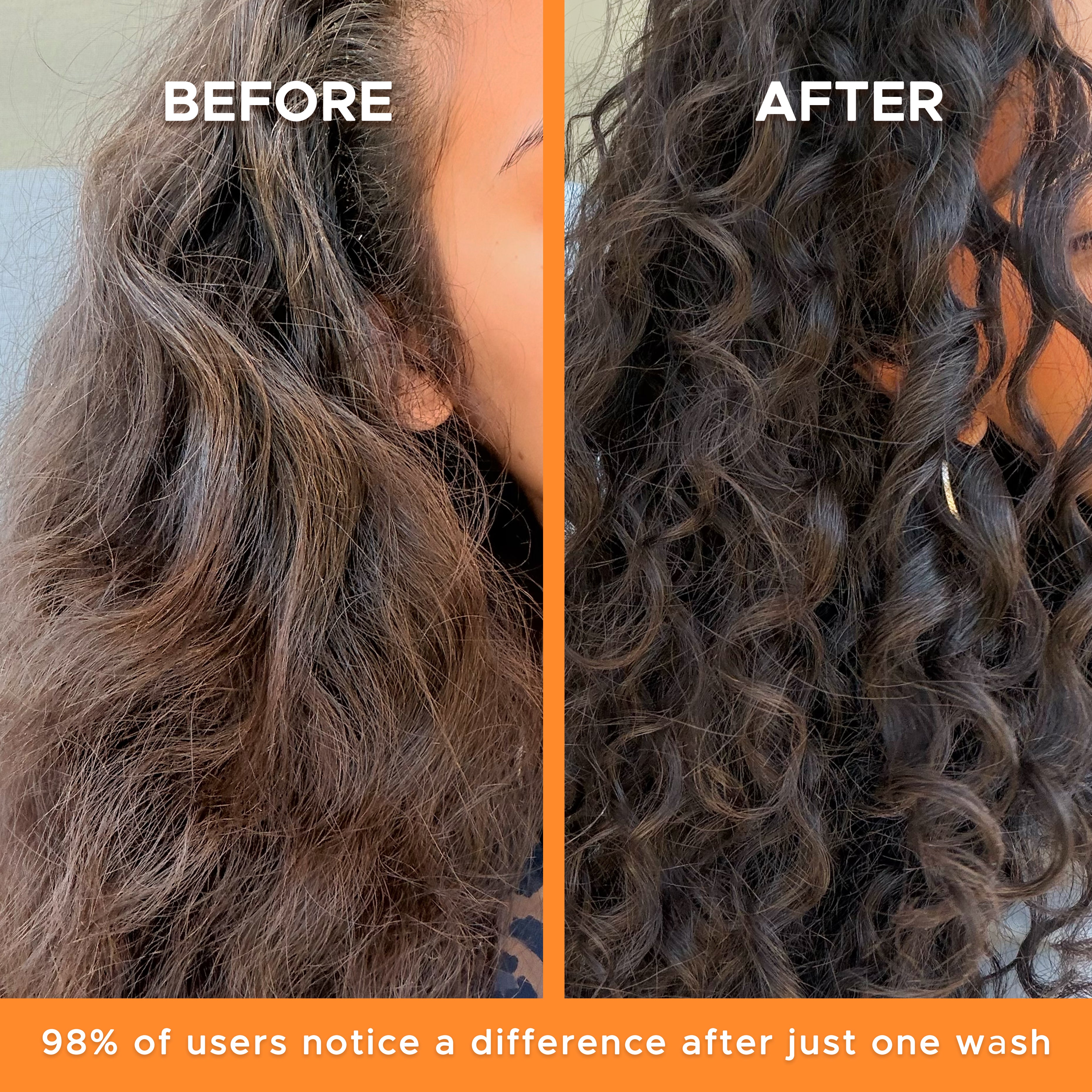 Before and after comparison of hair with text indicating user feedback on product effectiveness.