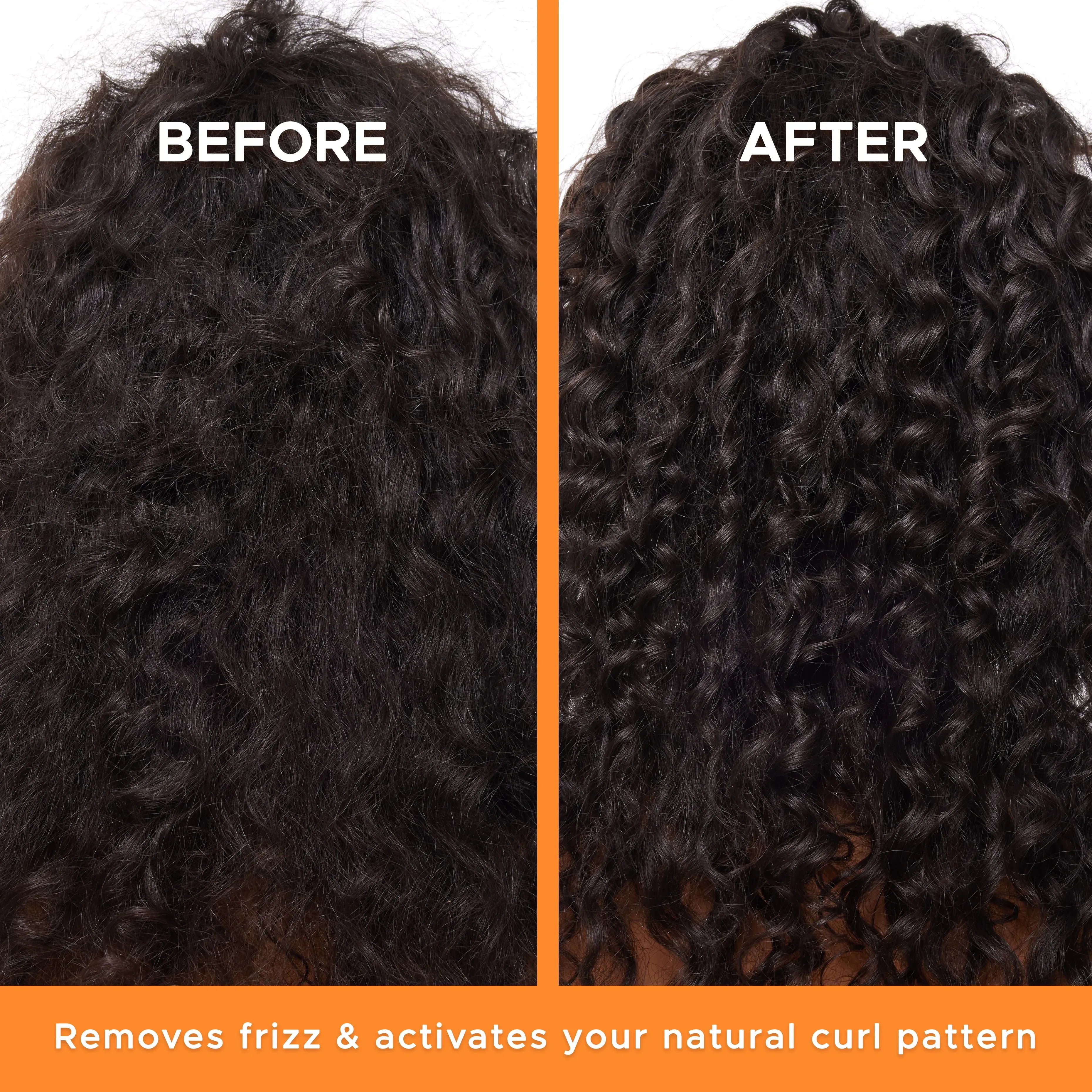 Before and after comparison of hair with frizz removal and curl activation text.