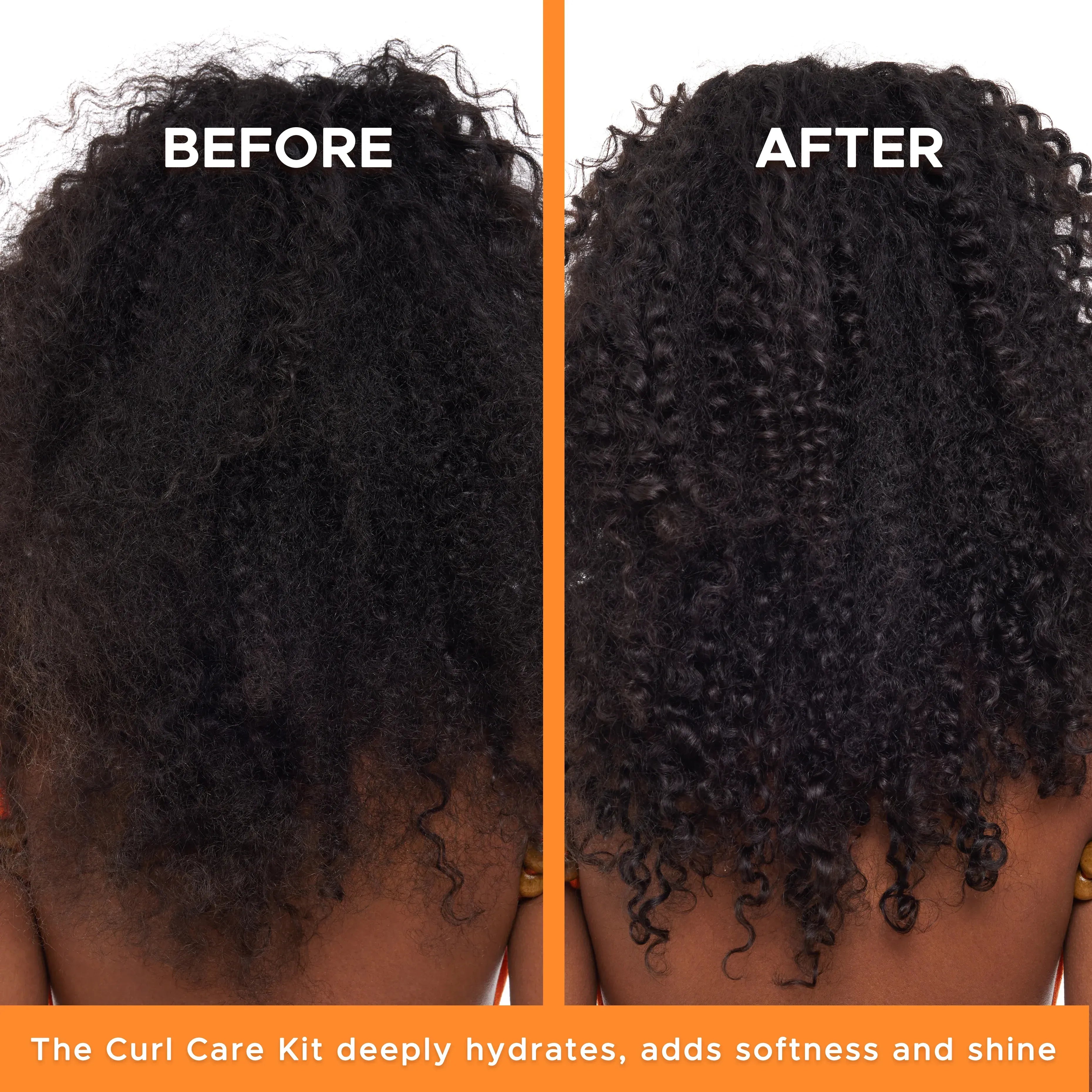 Before and after comparison of curly hair with text indicating a Curl Care Kit's effects.