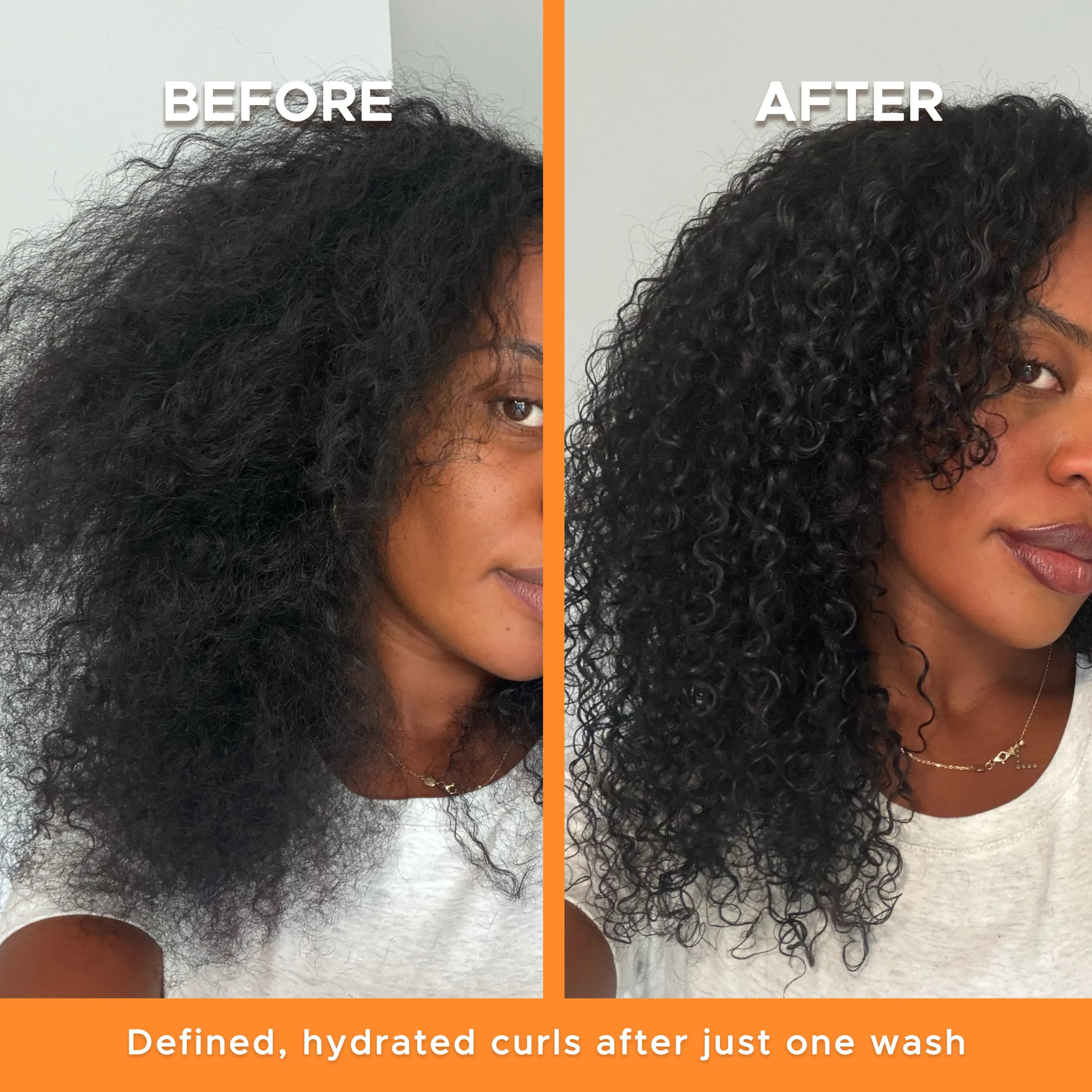 Before and after comparison of a woman's hair with defined, hydrated curls.