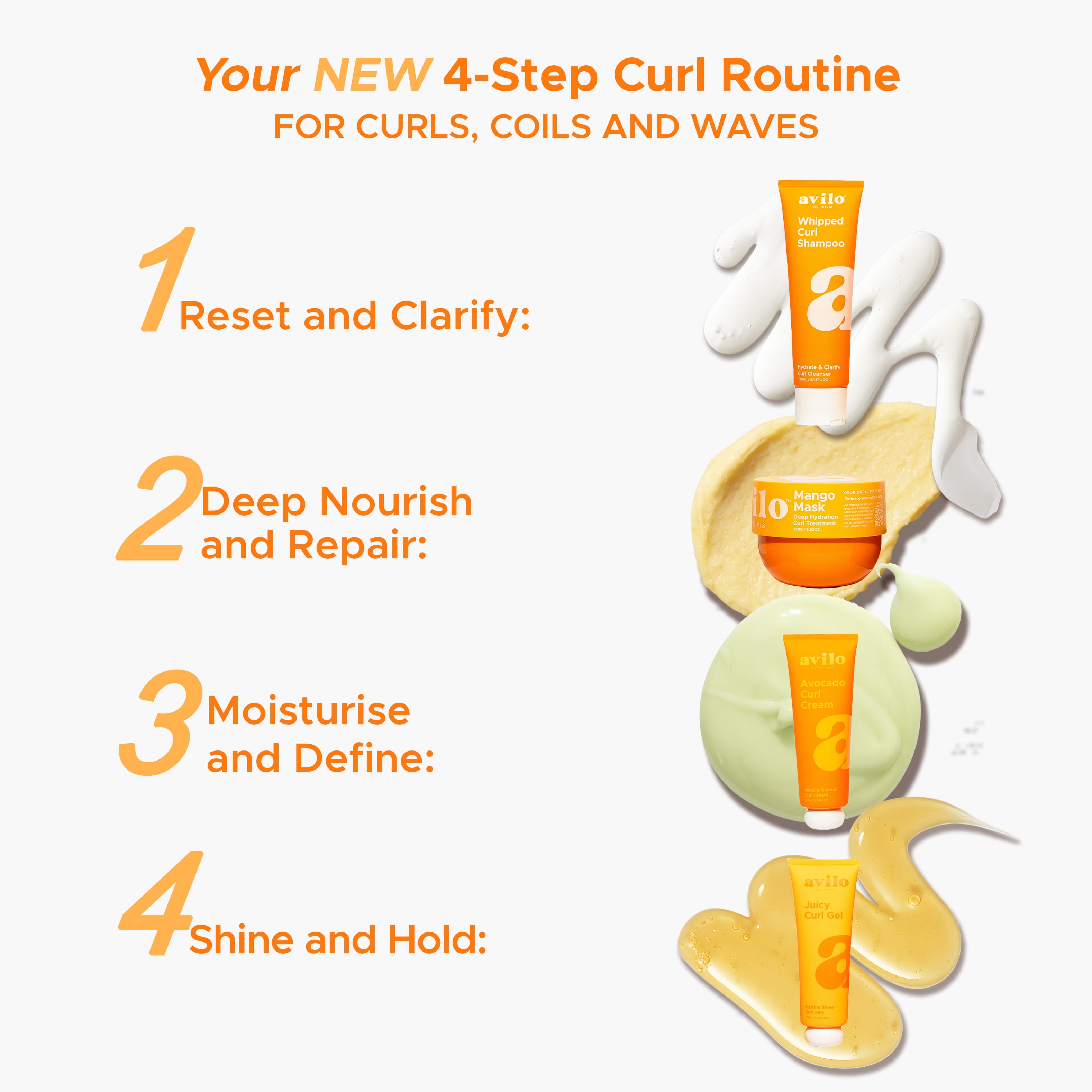 4-step curl routine with product application on a white background

