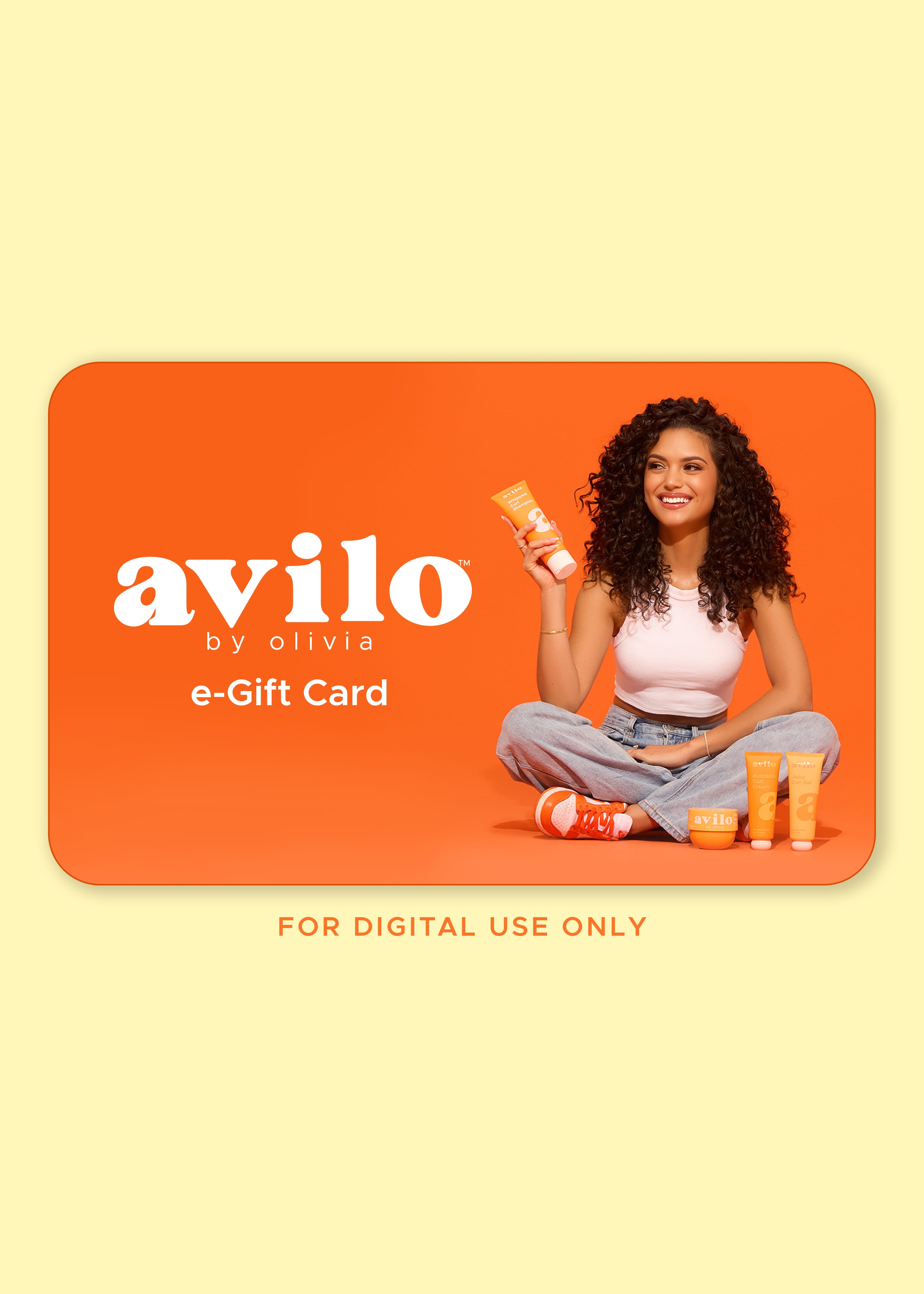 Avilo e-Gift Card with a person holding a product on an orange background