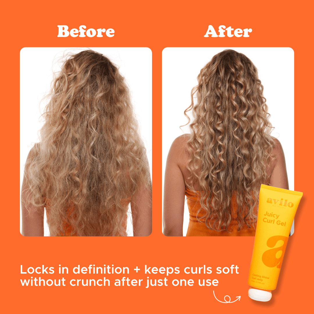 Before and after comparison of hair with a product on an orange background