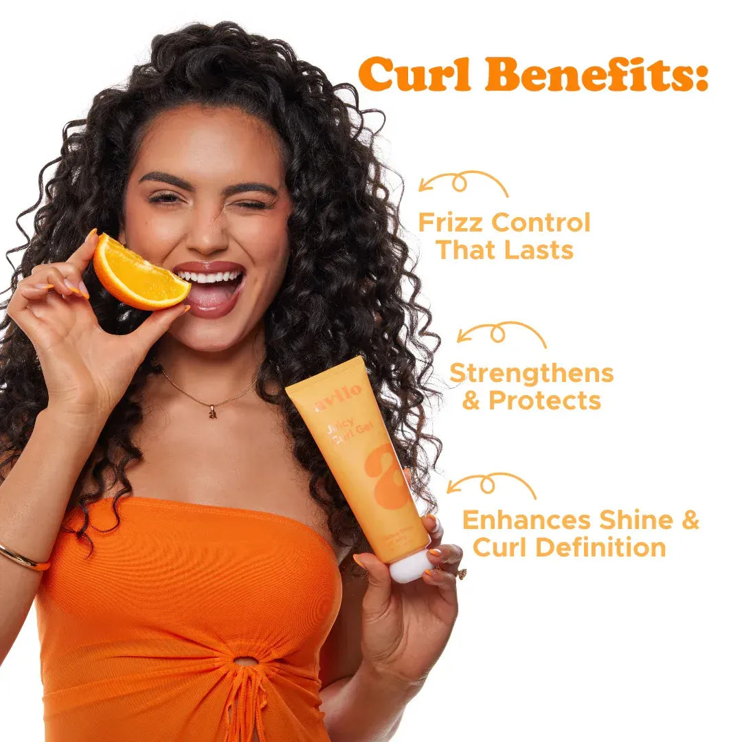 Woman with curly hair holding an orange and a bottle, with text about curl benefits on a white background