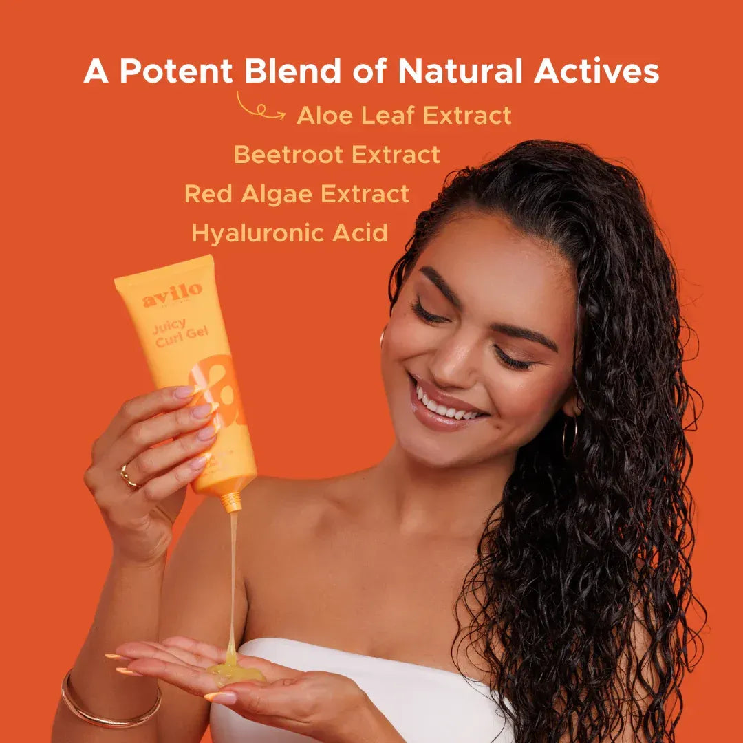 Woman applying aloe vera gel with a product packaging on an orange background