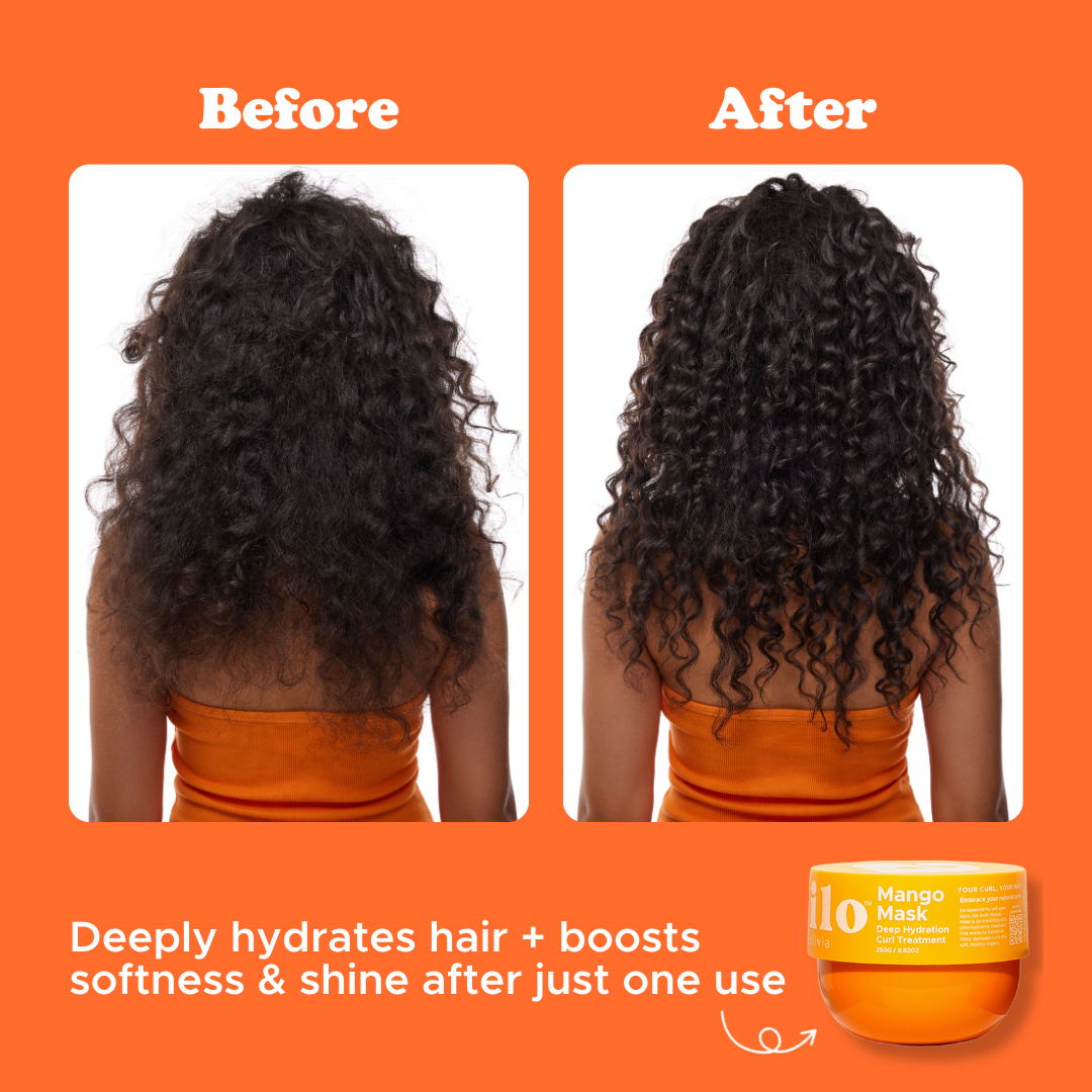 Before and after comparison of hair with a product on an orange background

