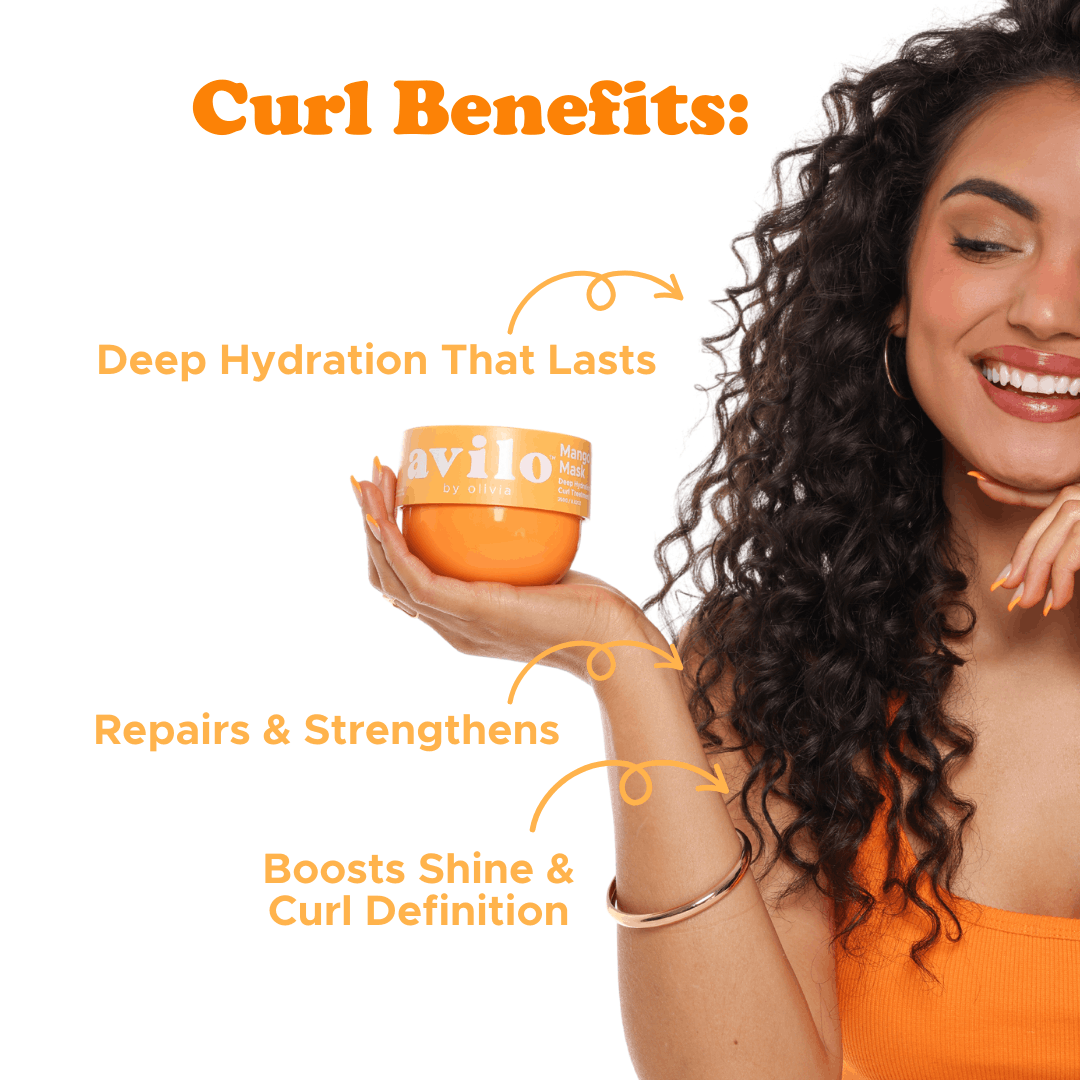 Woman holding a jar of hair product with text highlighting its benefits on a white background