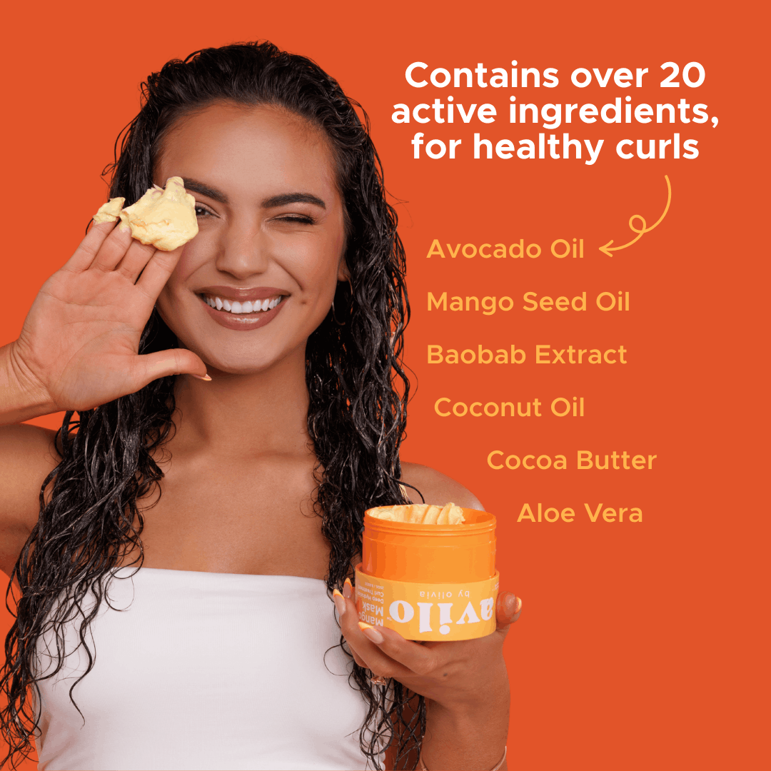 Woman holding a container of hair care product with text about active ingredients on an orange background