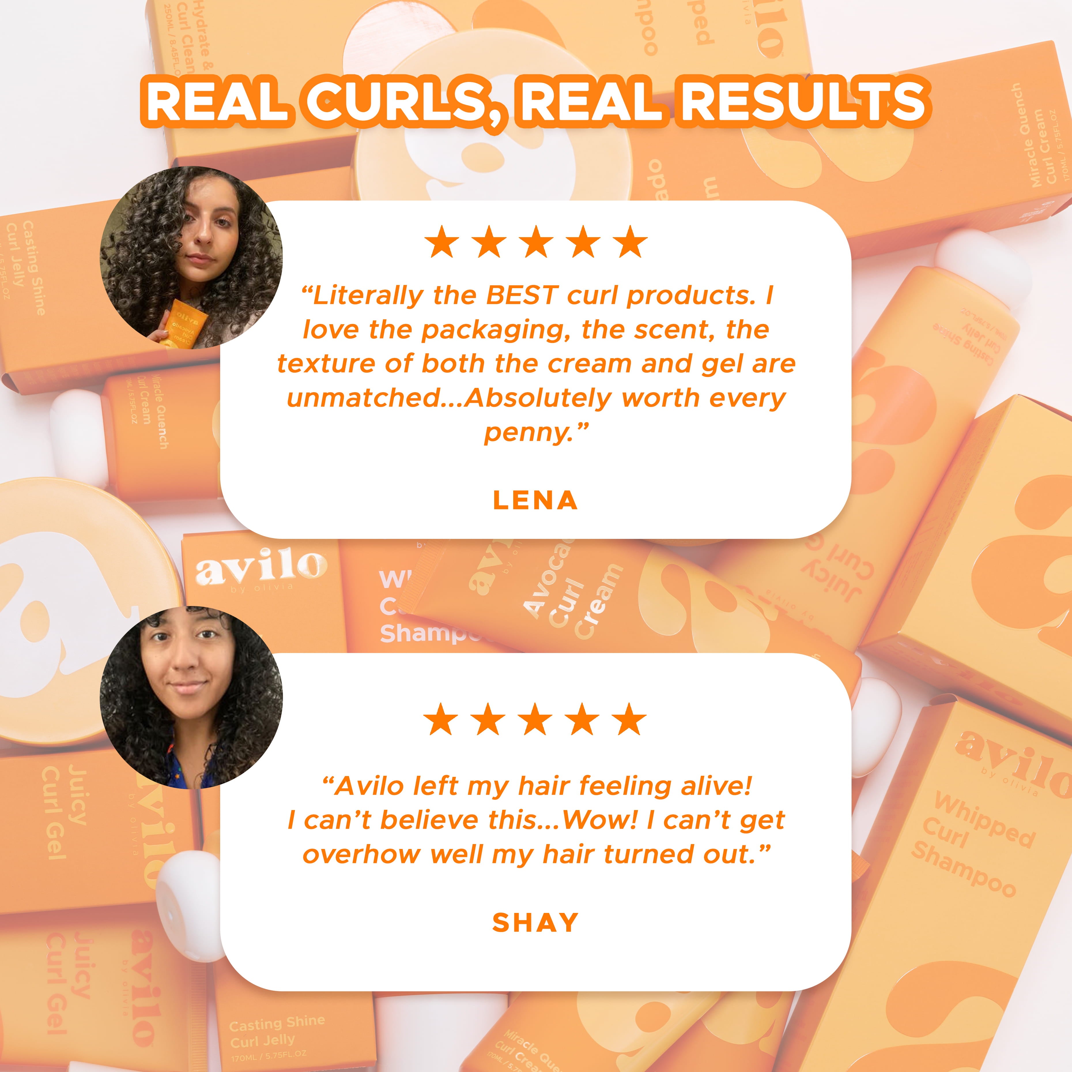 Avilo hair care products with customer reviews on a white background

