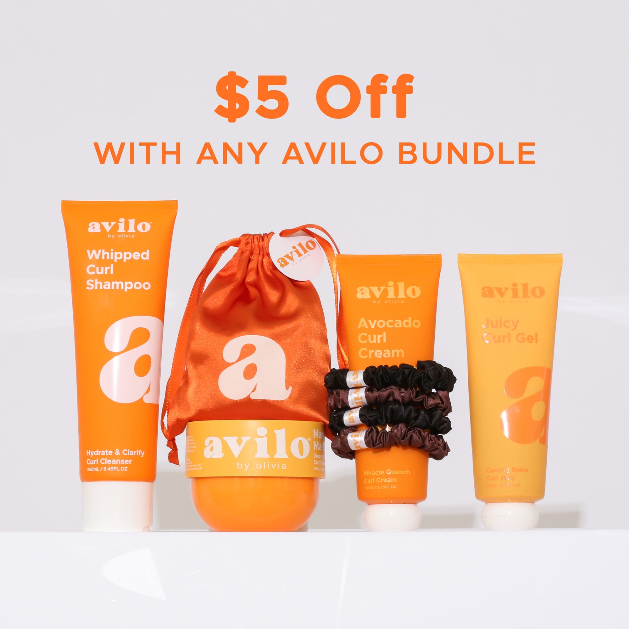 Avilo hair care product set with promotional text on a white background