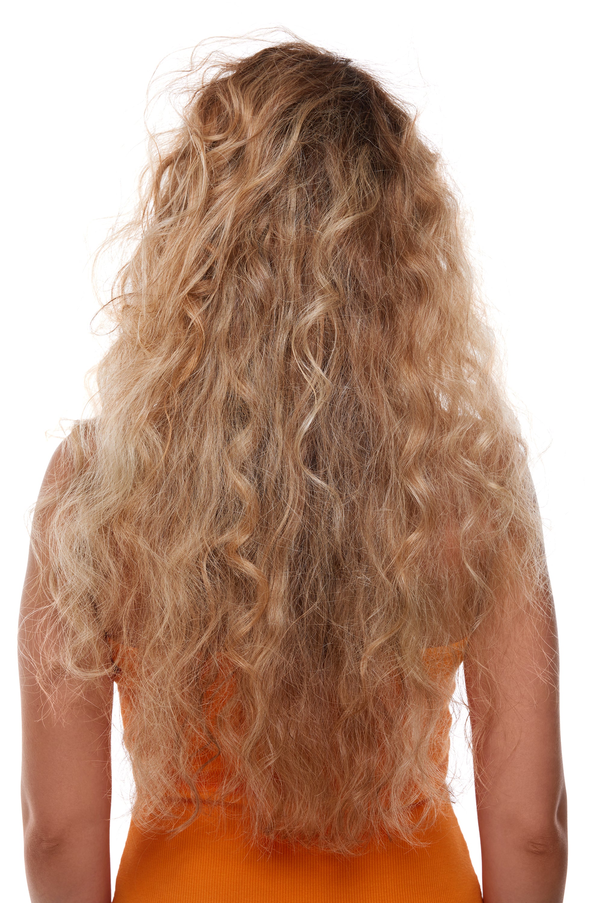 Person with long, wavy blonde hair wearing an orange top on a white background
