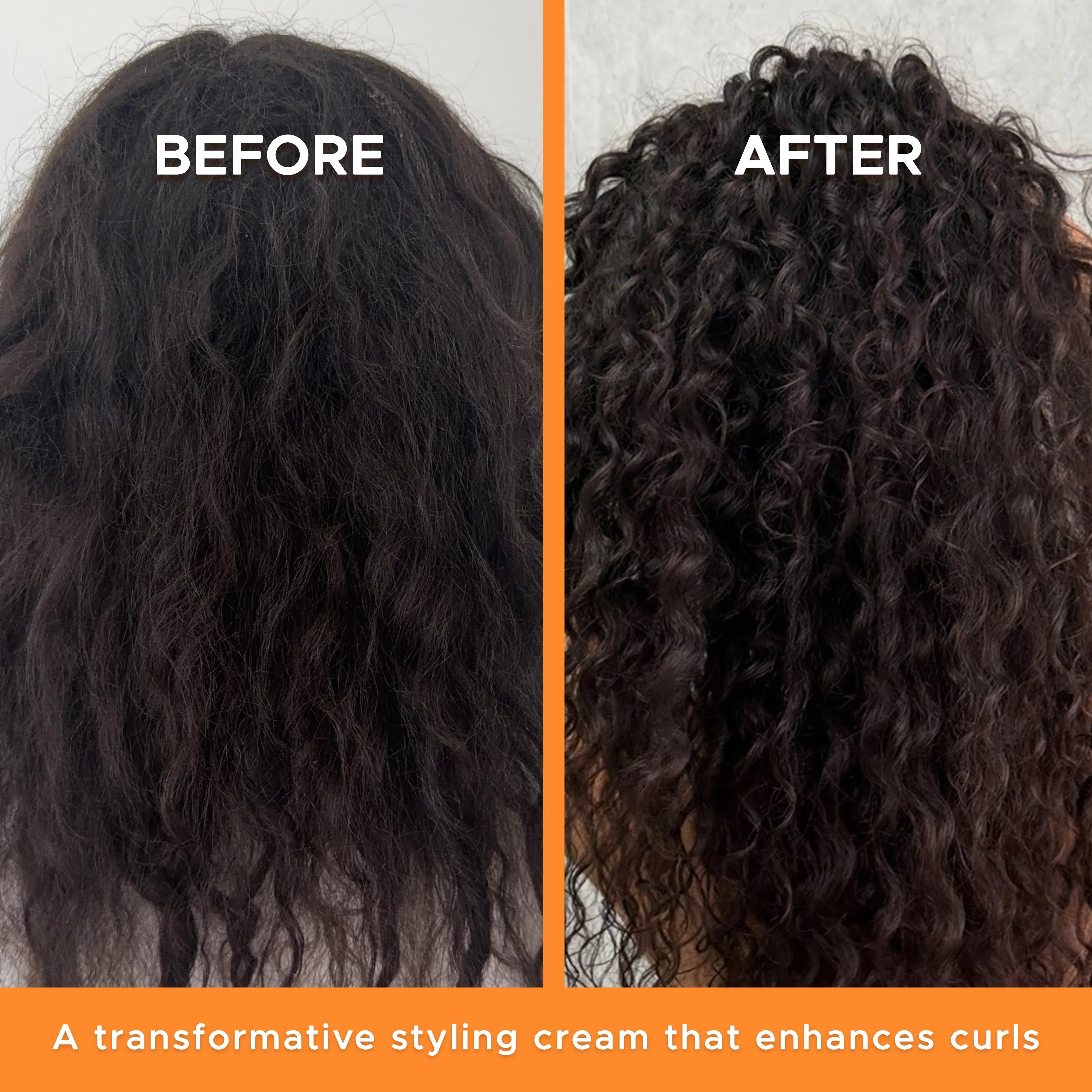 Before and after comparison of hair with a transformative styling cream enhancing curls.