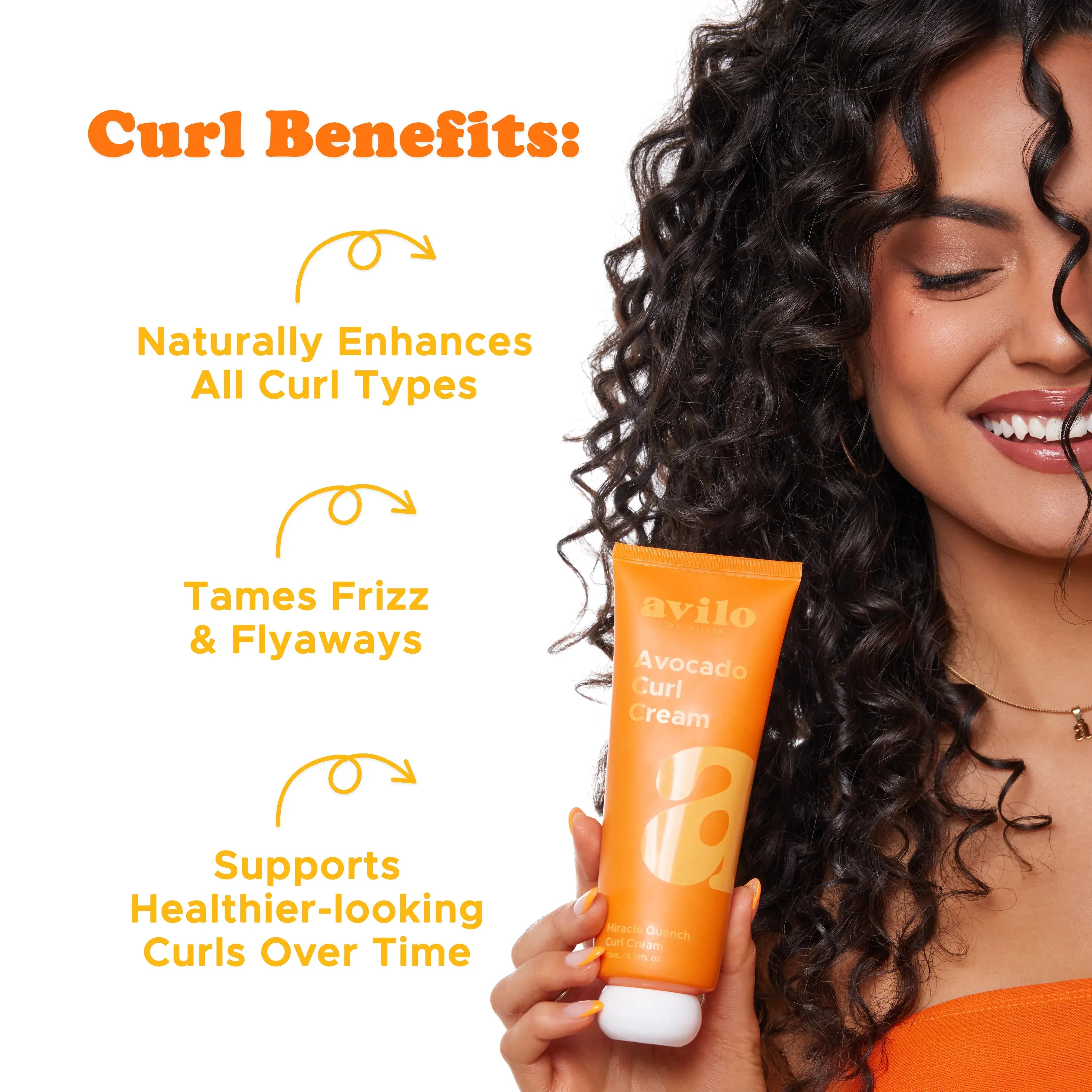 Woman holding an Avril Avocado Curl Cream with text highlighting curl benefits on a white background