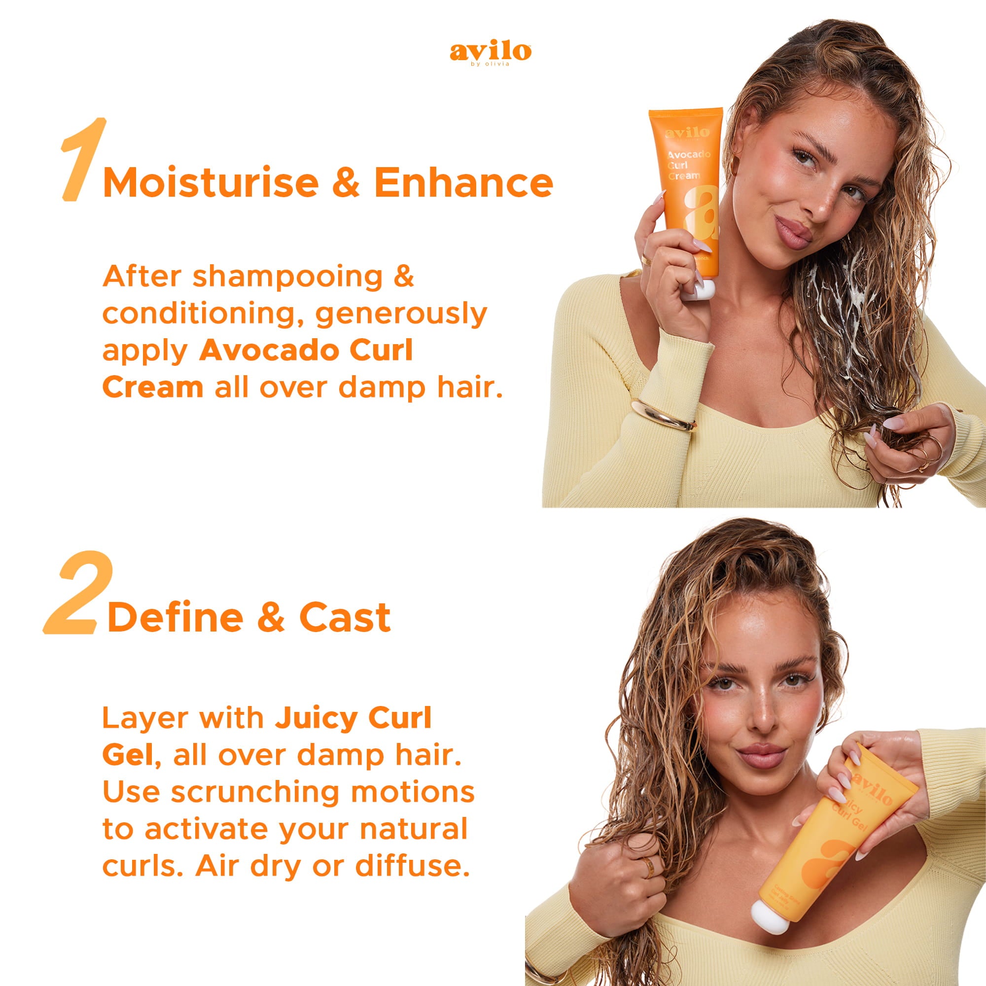 Woman applying Avocado Curl Cream and Juicy Curl Gel with text instructions on a white background