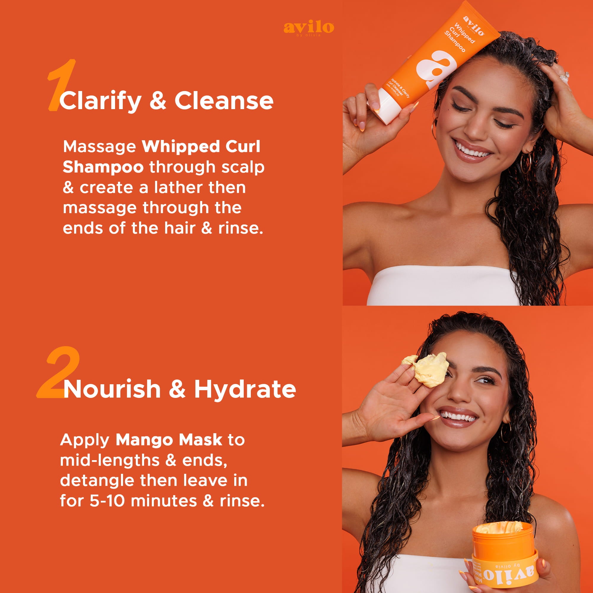 Avilo hair care product instructions with a woman using the shampoo and mask on an orange background.